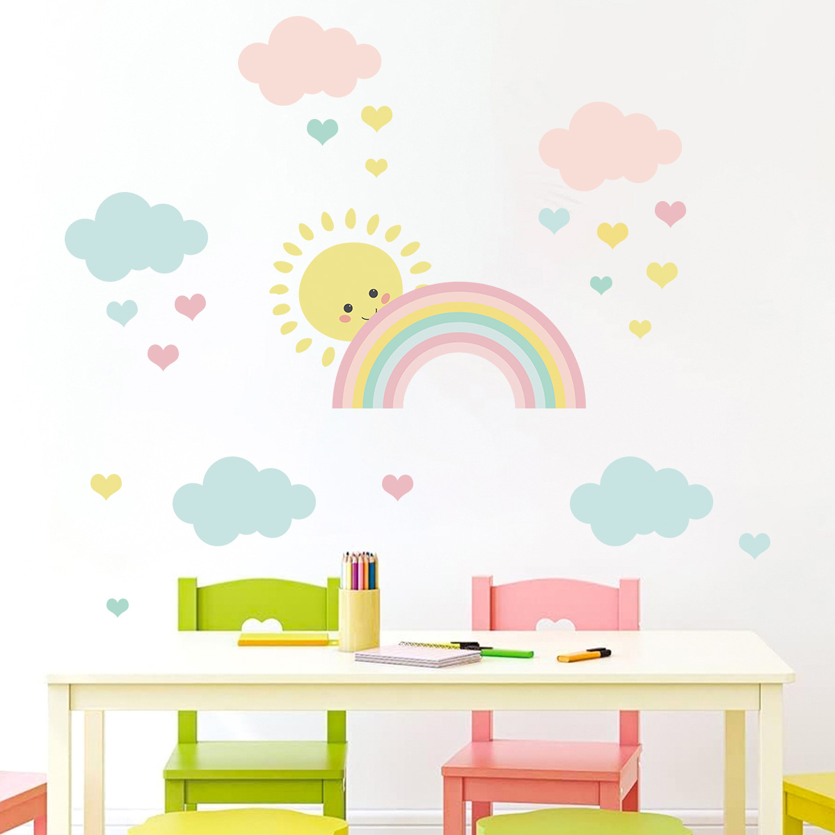 Baby Nursery Decor Girl - Adesivi Murali con Sole, Arcobaleno e